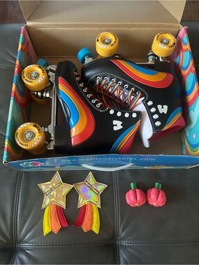 Moxi Rainbow Black Retro Roller Skates - Colorful Women’s Quad Skates